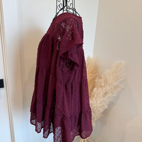 Entro Burgundy Swiss Dot Sheer Feminine Babydoll Flutter Sleeve Blouse Small - Picture 4 of 7
